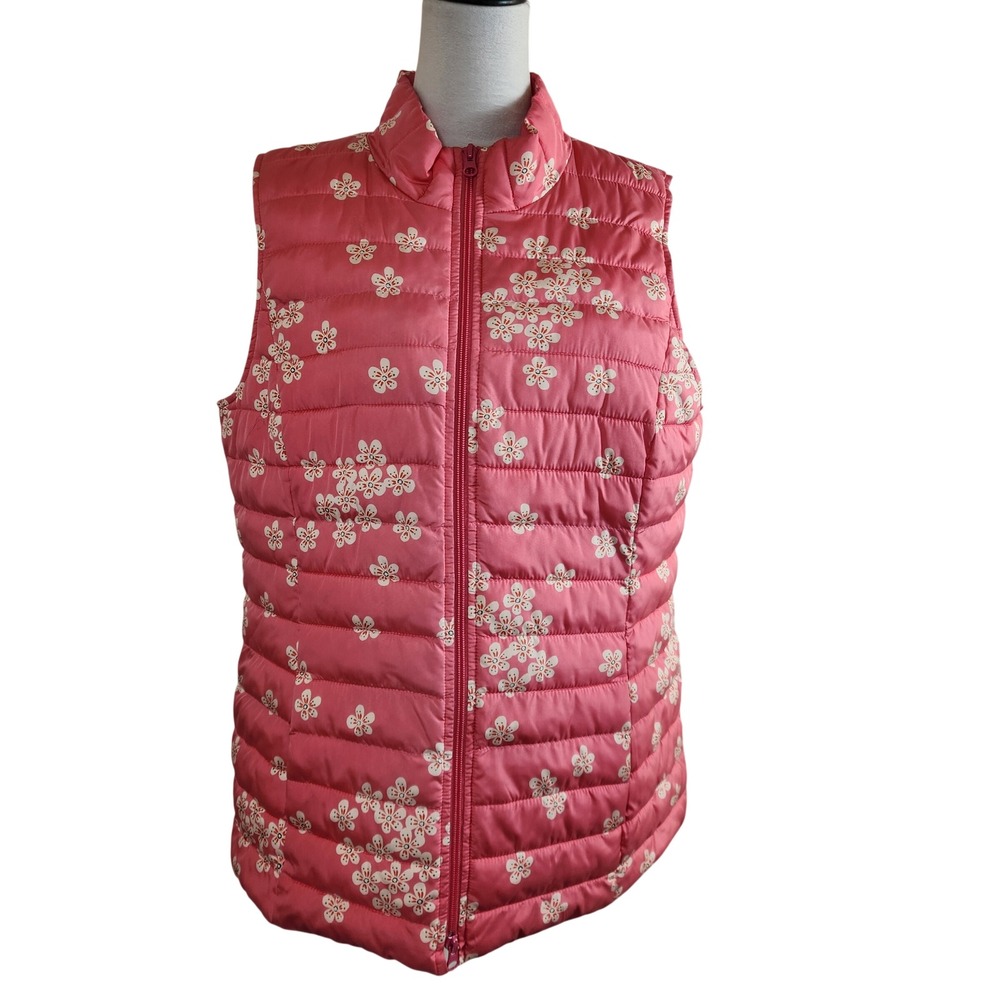 J Jill Womens Large Puffer‎ Vest Pink Floral Quilted Full Zip Mock Neck Full Zip